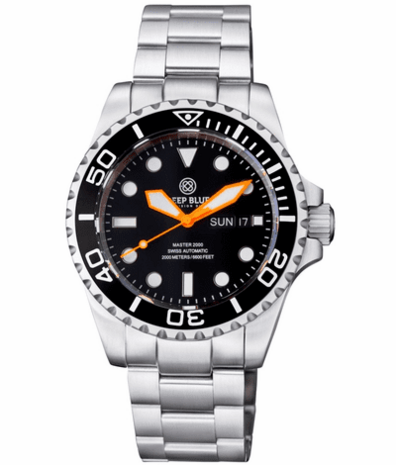 MASTER 2000 DAY DATE SWISS AUTO BLACK DIAL ROUND HOUR MARKERS ORANGE HANDS