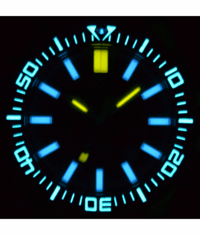 DAYNIGHT PATRIOT BLACK PVD CASE BLACK CERAMIC BEZEL - BLACK DIAL - BLUE/YELLOW TUBES STRAP