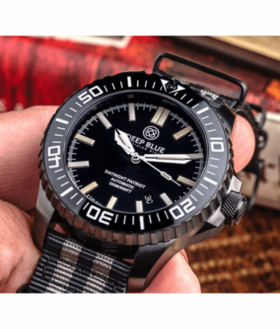 DAYNIGHT PATRIOT PVD BLACK CASE BLACK CERAMIC BEZEL - BLACK DIAL &ndash; 7 COLOR TRITIUM TUBES STRAP